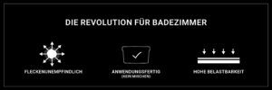 Ein stilvolles Banner präsentiert die Vorteile von Streichputz für Badezimmer, darunter Fleckenunempfindlichkeit und hohe Belastbarkeit.