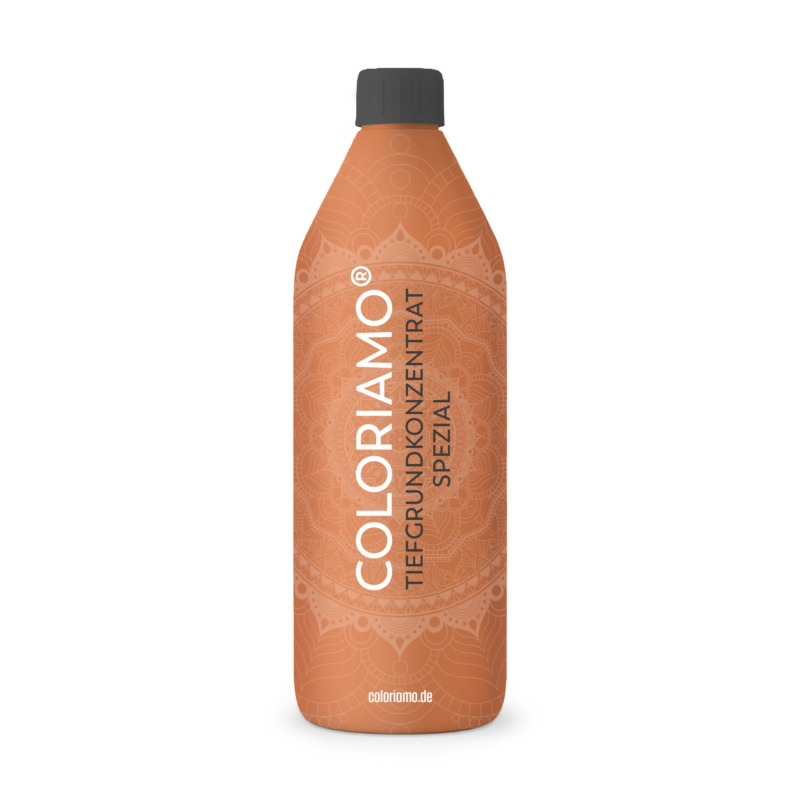 Die Flasche Coloriamo Tiefgrundkonzentrat Spezial steht vor einem weißen Hintergrund und ist ideal für kreative Wandgestaltung.