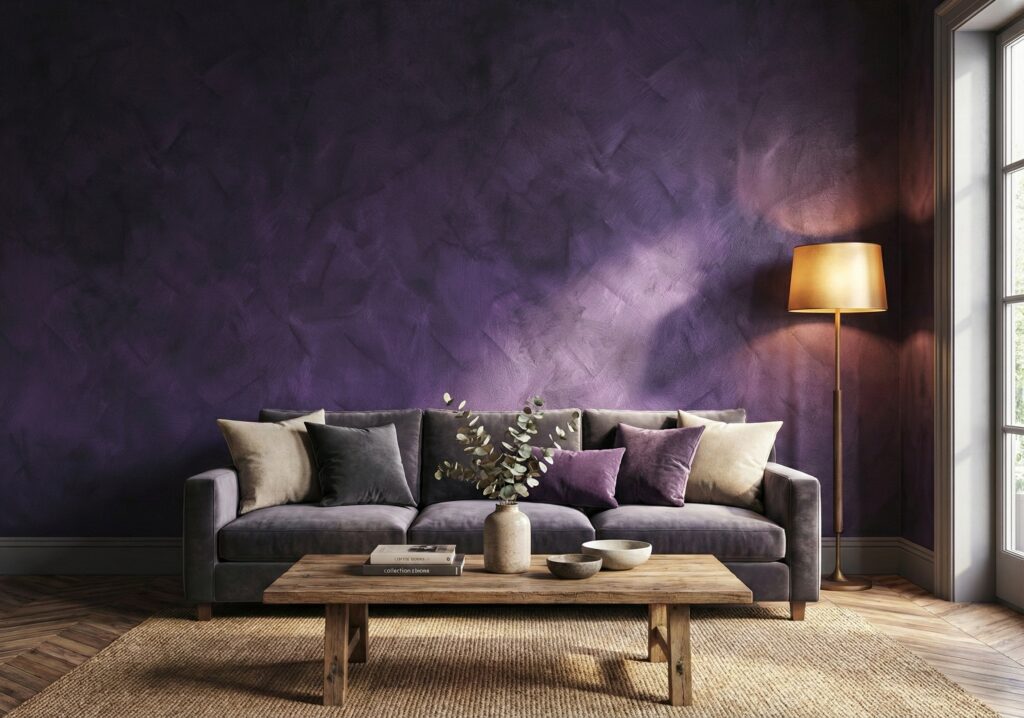 Ein stilvolles Wohnzimmer mit einer Wandgestaltung in COLORIAMO Magic Amethyst auf Marmor-Streichputz hinter einem Sofa.