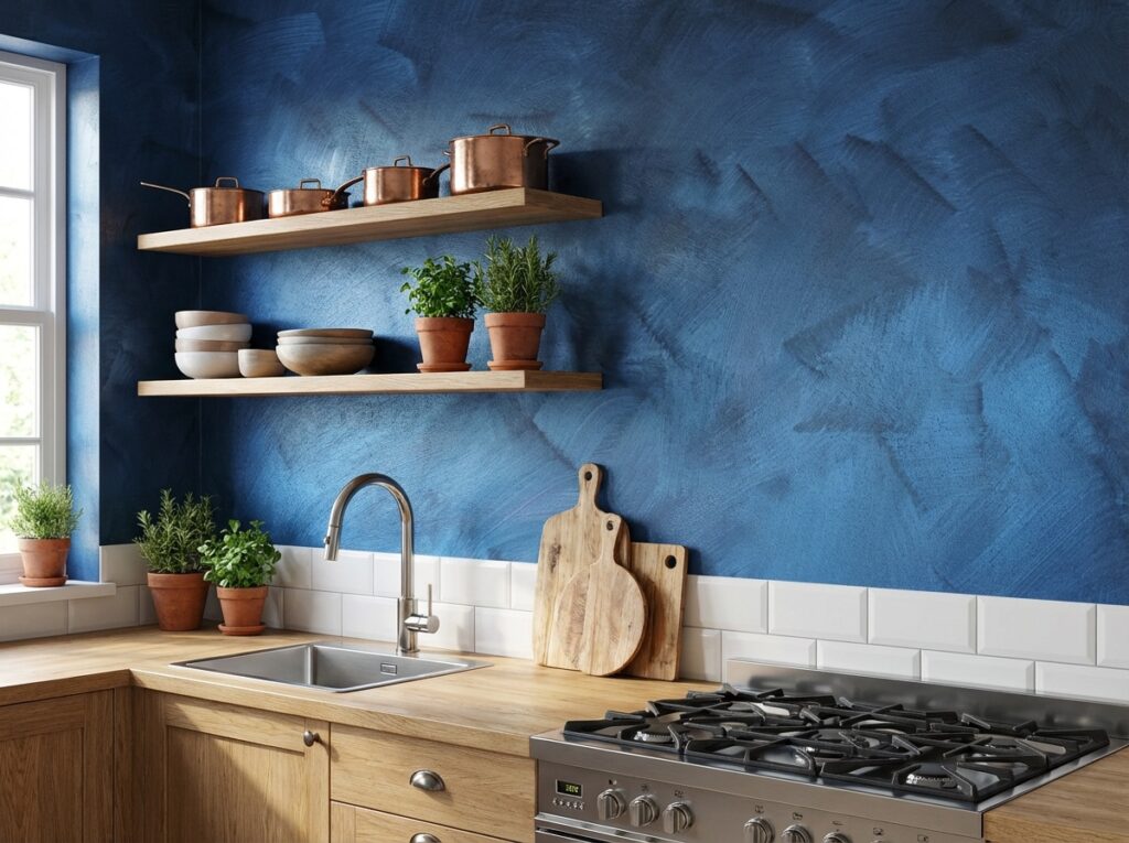 Eine Küche mit blauen Wänden aus COLORIAMO-Marmor-Streichputz und Holzregalen schafft eine einzigartige Wandgestaltung.