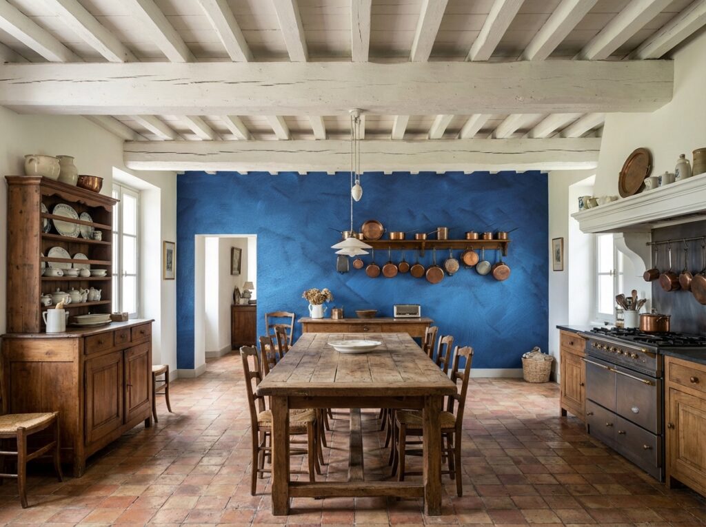 Ein Wohnzimmer mit rustikalem Holztisch und blauer COLORIAMO-Marmor-Streichputz-Wand für kreative Wandgestaltung.