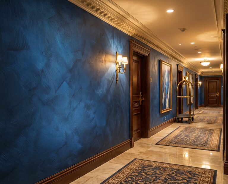 Ein eleganter Flur mit Wänden in COLORIAMO Magic Blue und Marmor-Streichputz sorgt für luxuriöse Wandgestaltung.
