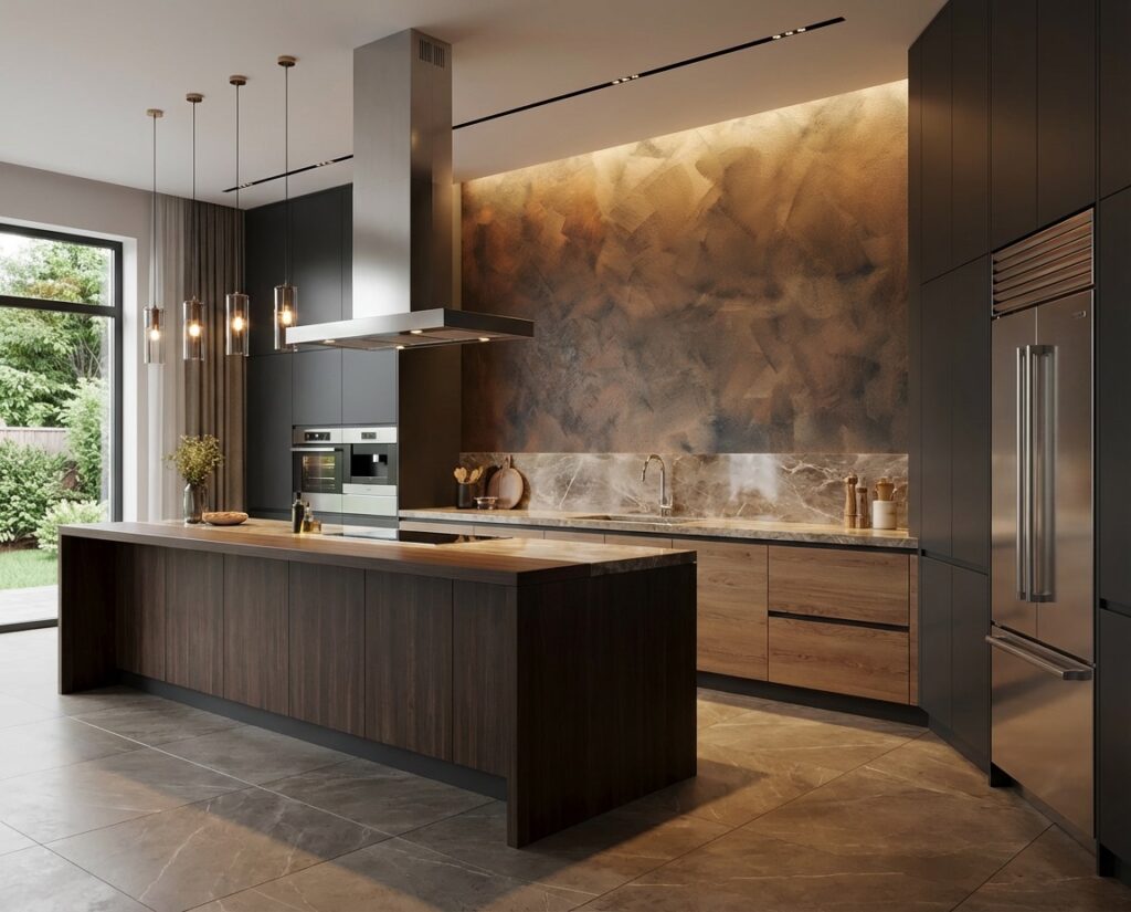 Ein elegantes Wohnzimmer präsentiert eine luxuriöse Wandgestaltung mit COLORIAMO-Magic-Bronze auf Marmor-Streichputz.