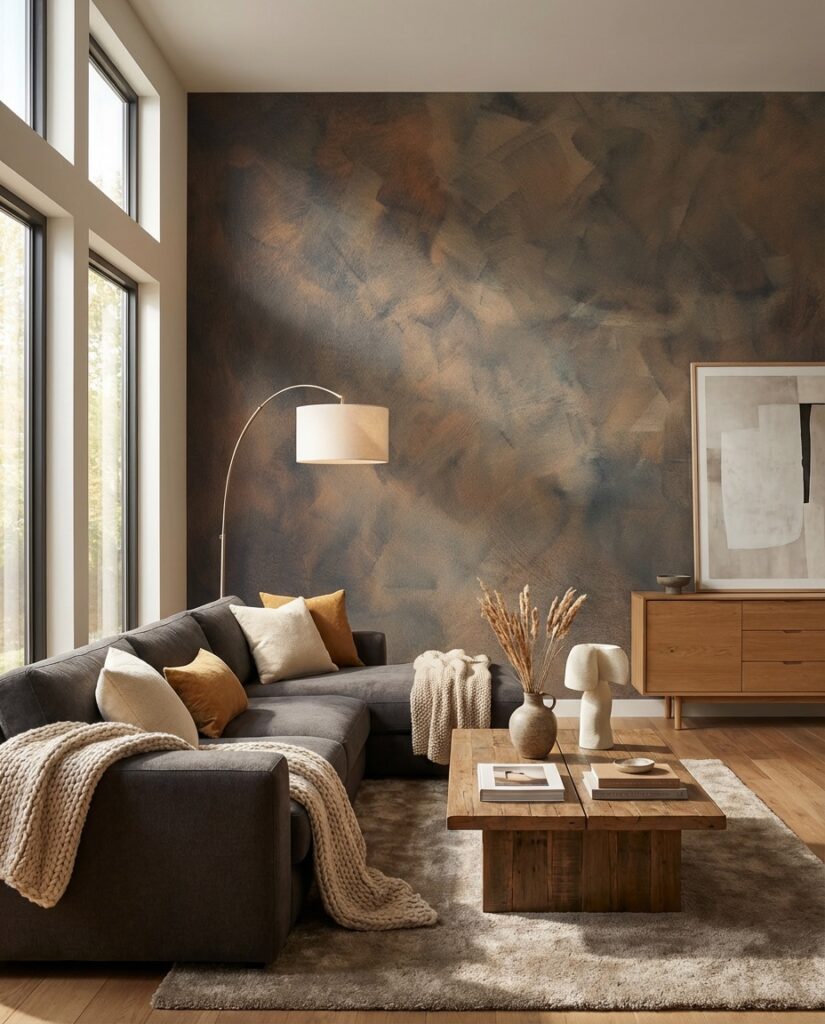 Ein stilvolles Wohnzimmer mit COLORIAMO-Magic-Bronze-auf-Marmor-Streichputz-Wandgestaltung und gemütlicher Einrichtung.