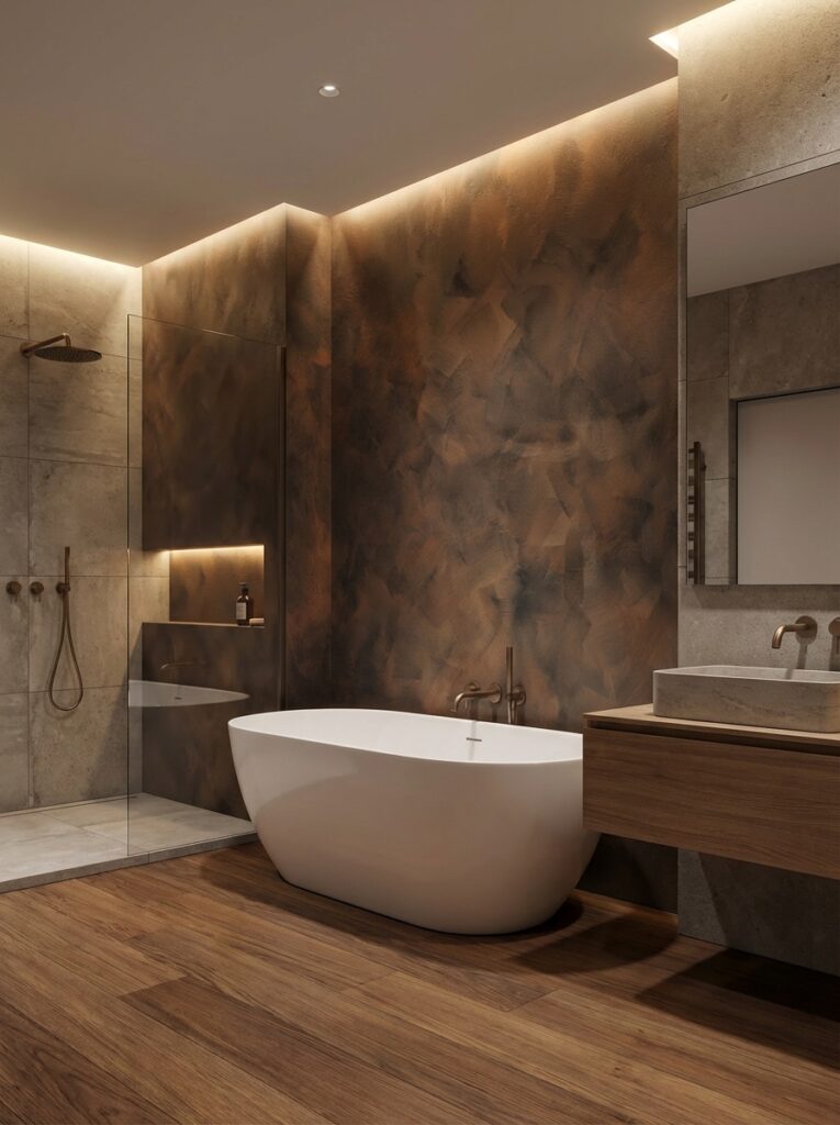 Ein modernes Badezimmer zeigt elegante Wandgestaltung mit COLORIAMO-Magic-Bronze-auf-Marmor-Streichputz hinter der Badewanne.