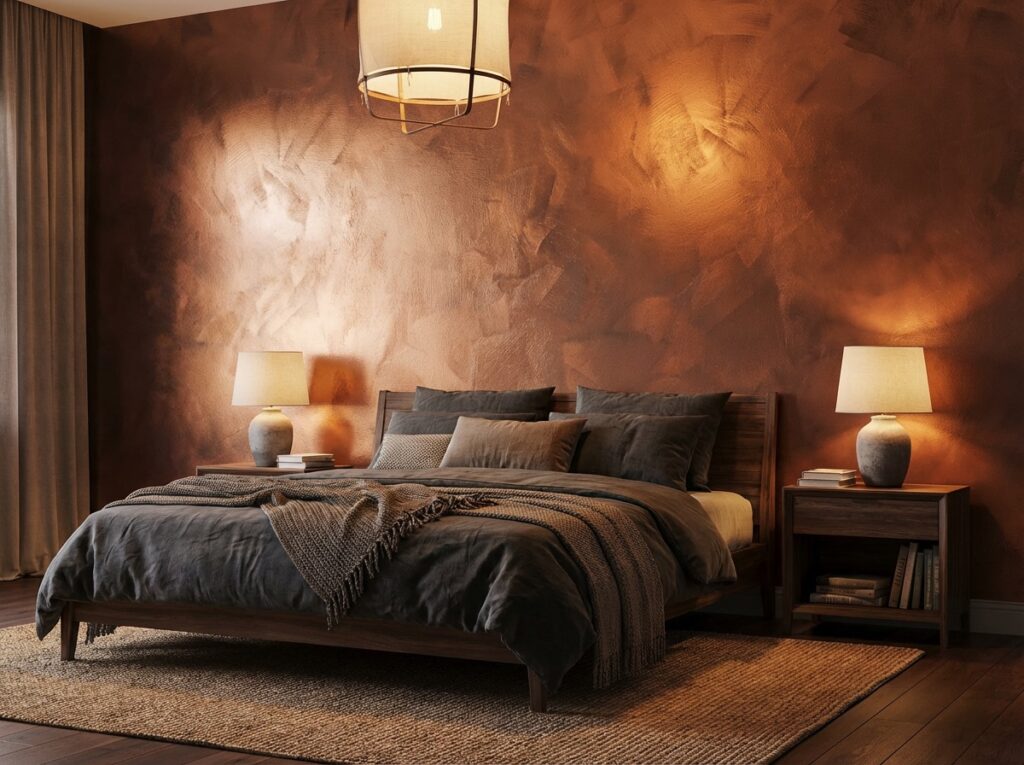 Ein stilvoll eingerichtetes Wohnzimmer mit einer Wand aus COLORIAMO-Magic-Copper-auf-Marmorstreichputz-CMS11-4065.