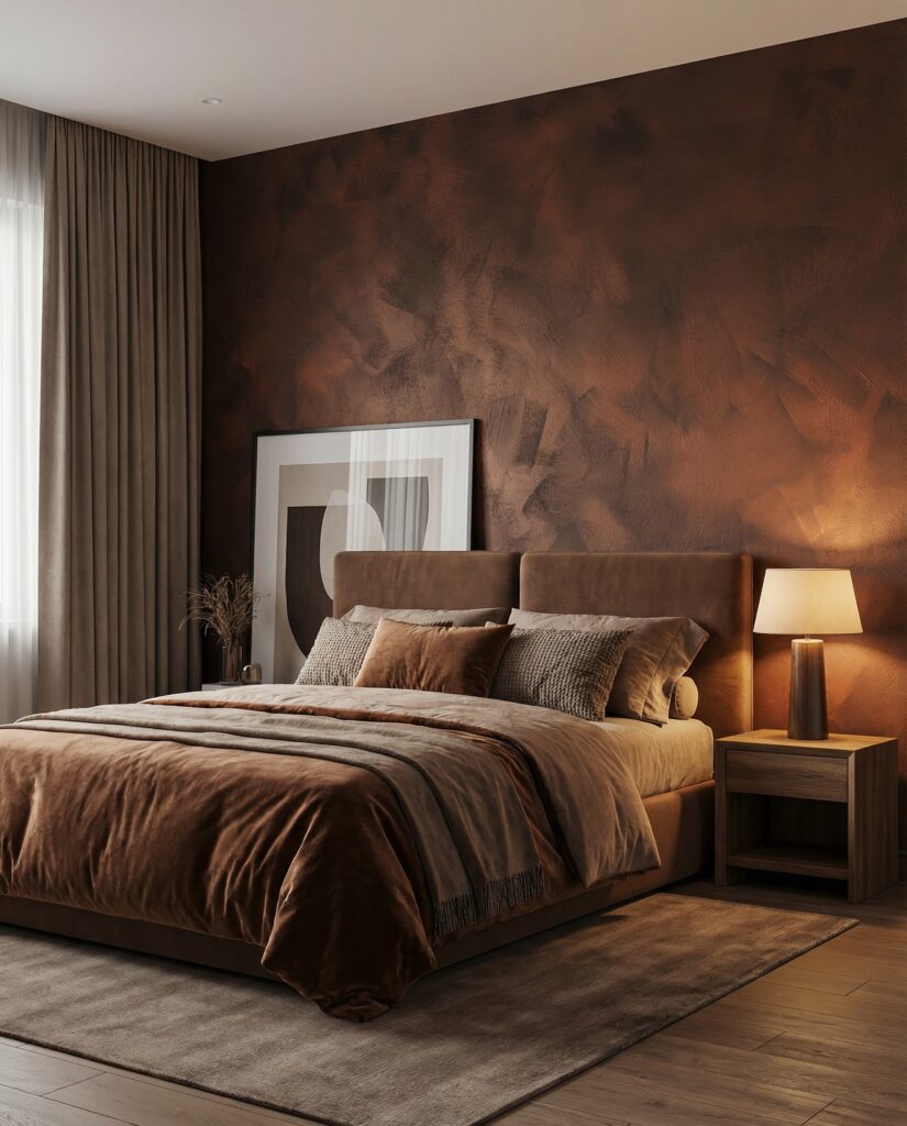 Ein stilvolles Wohnzimmer mit Wandgestaltung aus COLORIAMO Magic Copper auf Marmorstreichputz und eleganter Einrichtung.