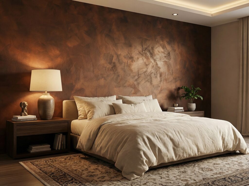 Ein stilvolles Schlafzimmer zeigt eine elegante Wandgestaltung mit COLORIAMO Magic Copper auf Marmorstreichputz hinter dem Bett.