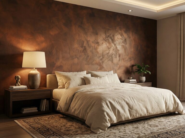 Ein stilvolles Schlafzimmer zeigt eine elegante Wandgestaltung mit COLORIAMO Magic Copper auf Marmorstreichputz hinter dem Bett.