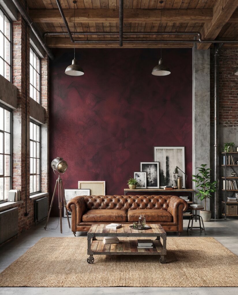 Ein stilvolles Wohnzimmer mit einer Wand aus COLORIAMO-Magic-Red-Marmor-Streichputz hinter einem Chesterfield-Sofa.