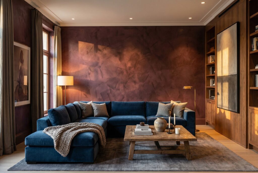 Ein stilvolles Wohnzimmer mit einer luxuriösen Wandgestaltung aus COLORIAMO-Magic-Rose auf Marmor-Streichputz.