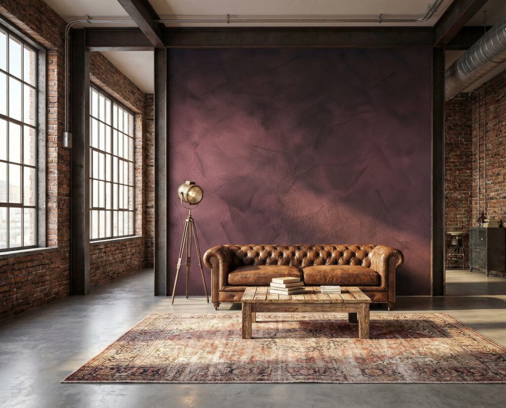 Ein stilvolles Wohnzimmer mit einer Wand in COLORIAMO-Magic-Rose-auf-Marmor-Streichputz und eleganter Wandgestaltung.