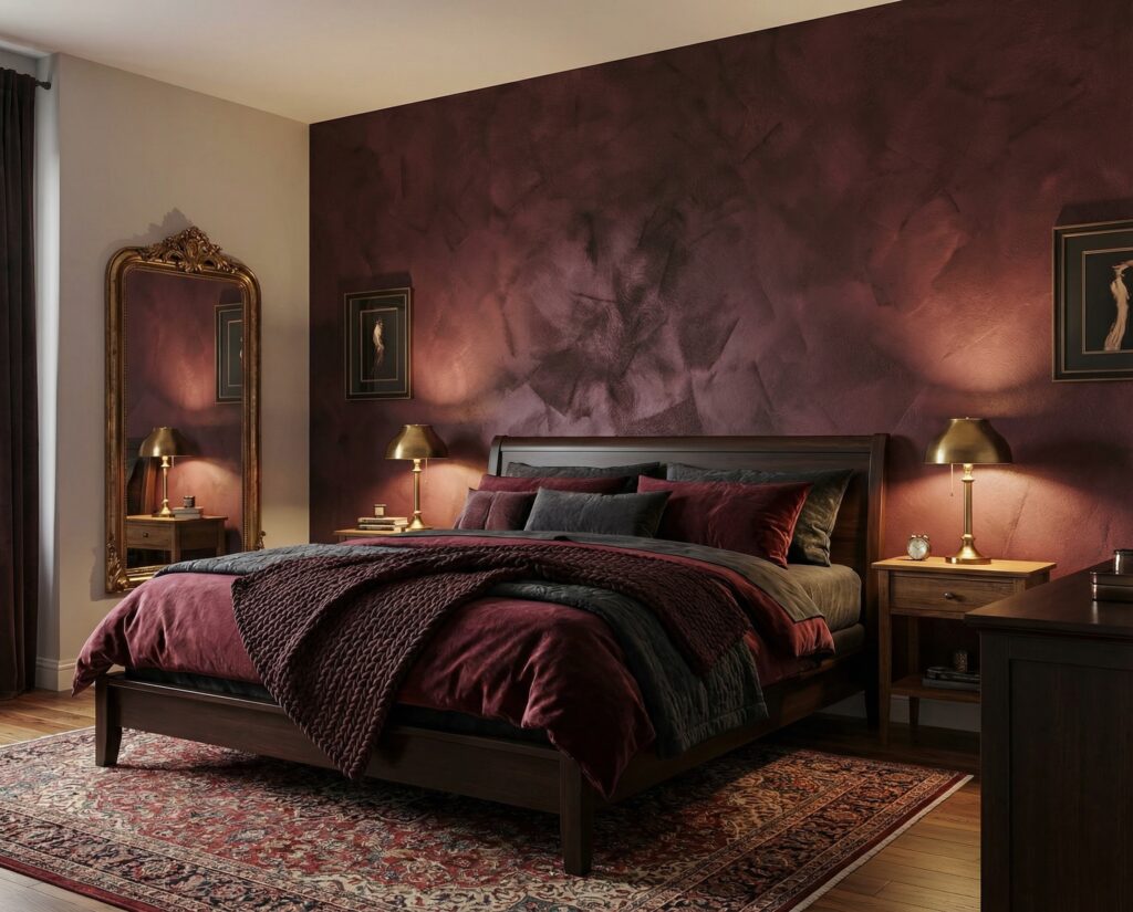 Ein stilvoll eingerichtetes Schlafzimmer zeigt eine Wand mit COLORIAMO-Magic-Rose auf Marmor-Streichputz, ergänzt durch warme Beleuchtung.
