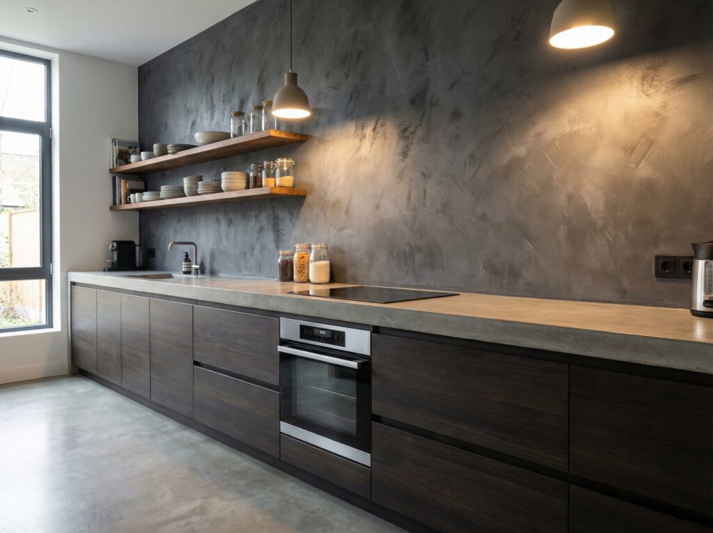 Ein modernes Wohnzimmer zeigt eine stilvolle Wandgestaltung mit COLORIAMO-Magic-Silver-auf-Marmor-Streichputz.
