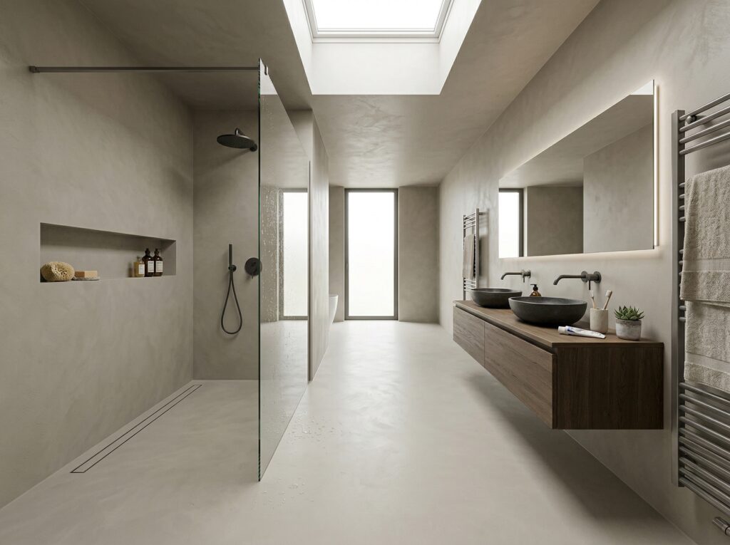Das moderne Badezimmer mit Fugenlosspachtel-Fino-CR4 bietet eine elegante Wandgestaltung und minimalistisches Design.