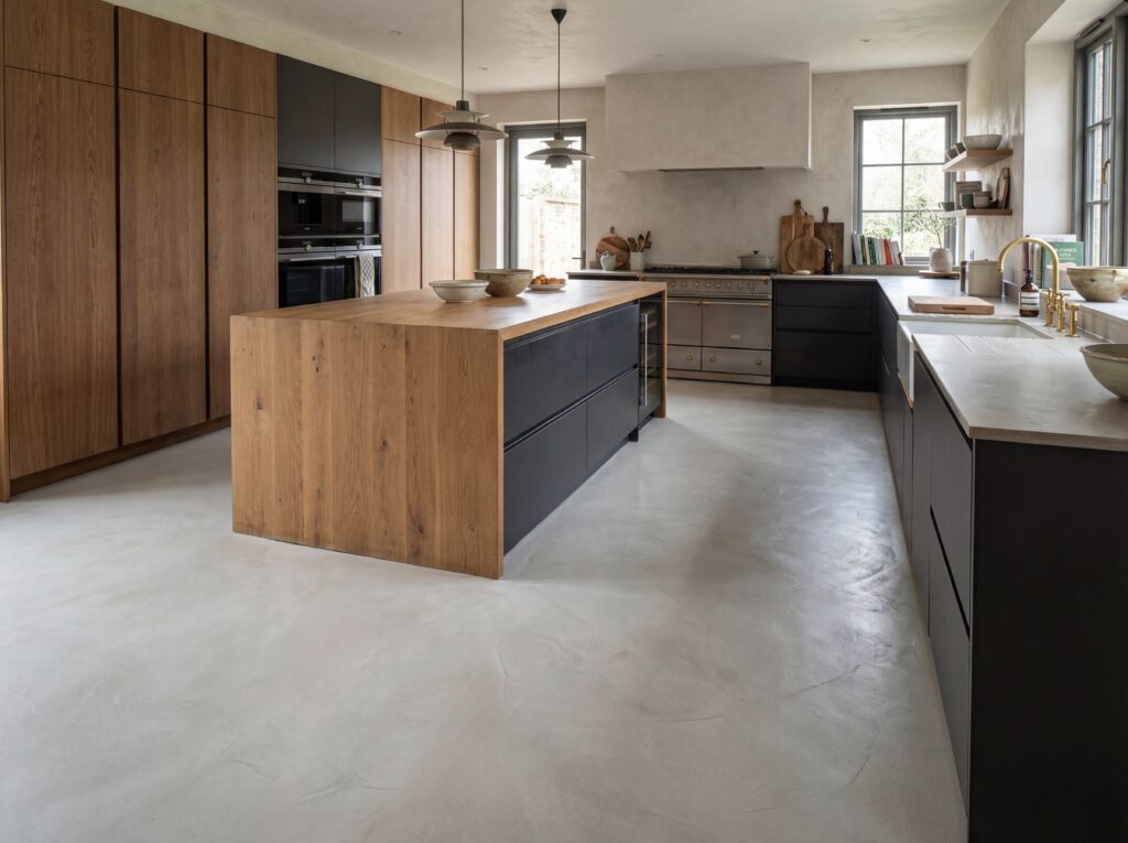 Moderne Küche mit Holz- und Schwarzton-Schränken, stilvoll gestaltet mit Bad-COLORIAMO-Fugenlosspachtel-Fino für Wände.