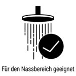 Ein minimalistisches Symbol zeigt eine Dusche mit dem Hinweis, dass das Streichputz für die Wandgestaltung im Nassbereich geeignet ist.