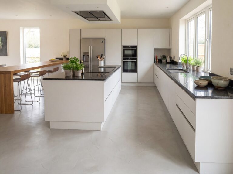 Moderne Küche mit eleganten weißen Wänden und stilvollem Streichputz, ideal für zeitgemäße Wandgestaltung. | © COLORIAMO