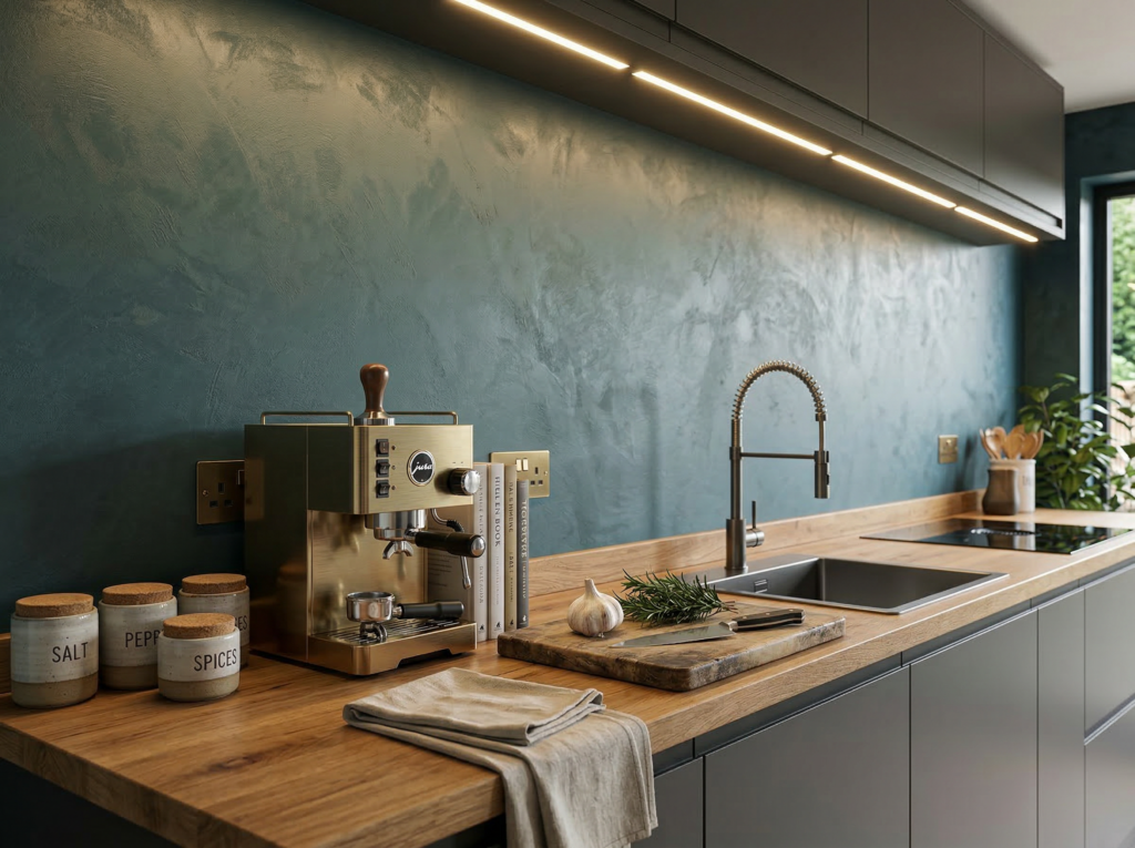 In einer modernen Küche mit elegantem Streichputz und Holzoberfläche stehen eine Kaffeemaschine und Gewürzbehälter | © COLORIAMO.