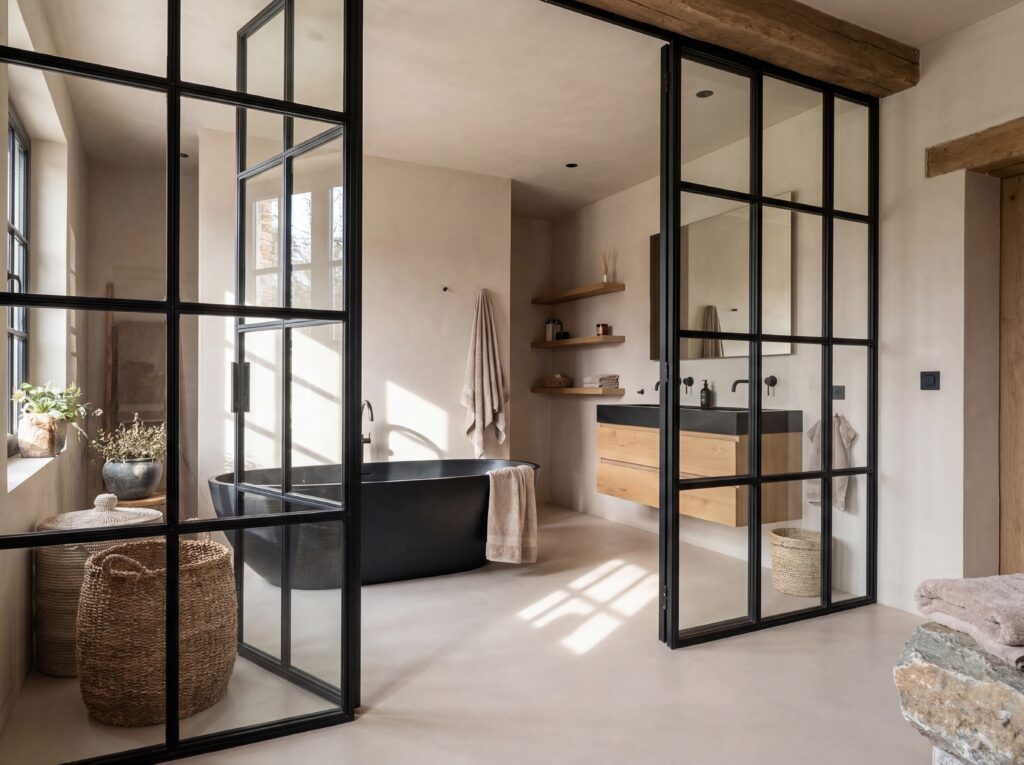 Ein modernes Loft-Badezimmer mit eleganter Wandgestaltung aus Streichputz und stilvollem Badewannenbereich.