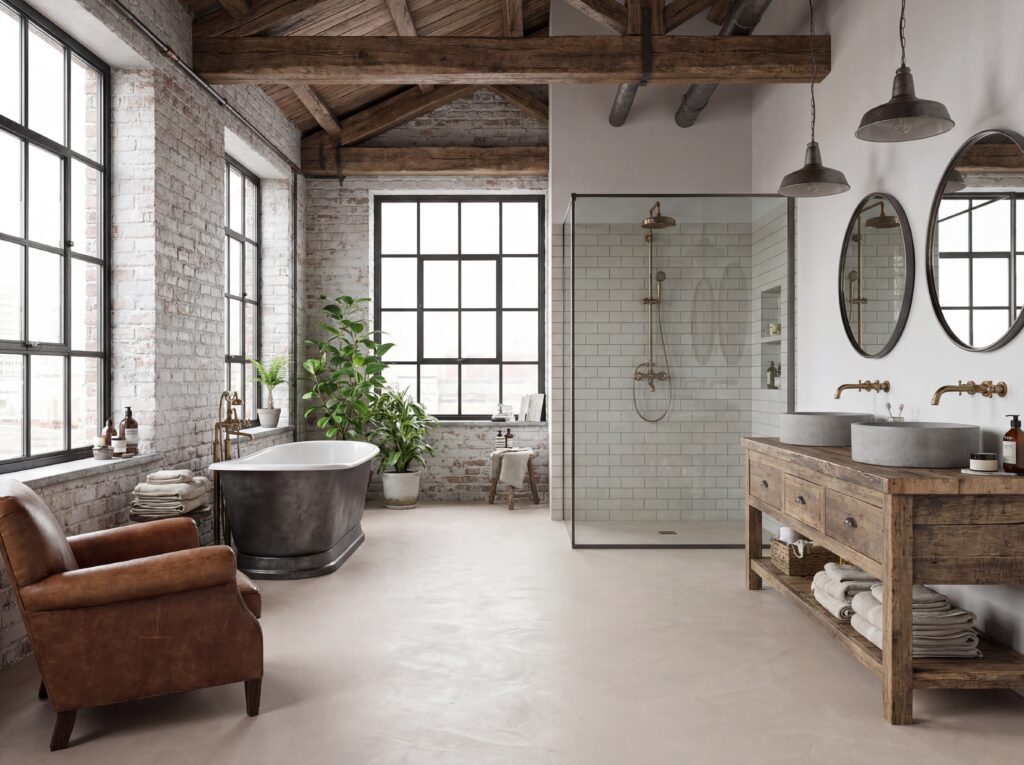 Ein stilvolles Loft-Badezimmer mit Fugenlosspachtel und eleganten Stilelementen schafft eine moderne Wandgestaltung.