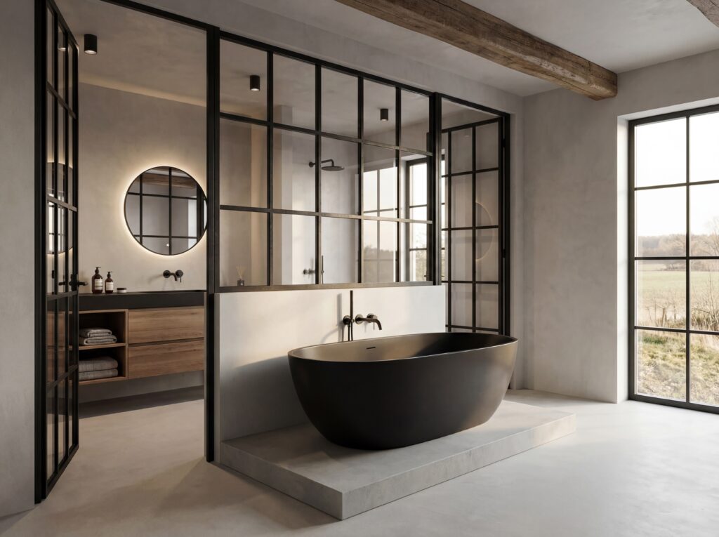 Ein modernes Loft-Badezimmer mit Fugenlosspachtel-Fino von COLORIAMO und eleganter Wandgestaltung in neutralen Tönen.