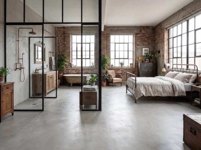 Ein modernes Loft-Wohnzimmer mit Fugenlosspachtel von COLORIAMO und rustikalen Holzmöbeln schafft eine einladende Atmosphäre.