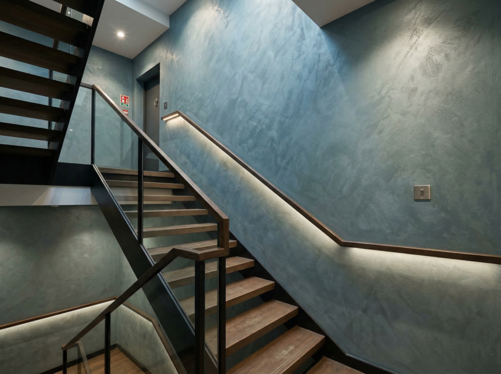 Das moderne Treppenhaus mit blauem Streichputz und Holzgeländer zeigt eine elegante Wandgestaltung mit COLORIAMO-Metallspachtel.