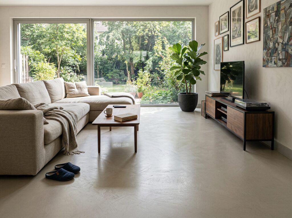Ein modernes Wohnzimmer mit Fugenlosspachtel-Fino in sanften Tönen, einer großen Fensterfront und gemütlicher Einrichtung.