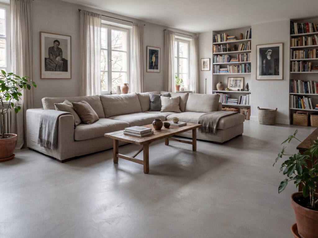 Helles Wohnzimmer mit einem modernen Sofa, Streichputz-Wänden und einem Holztisch, ideal für kreative Wandgestaltung.
