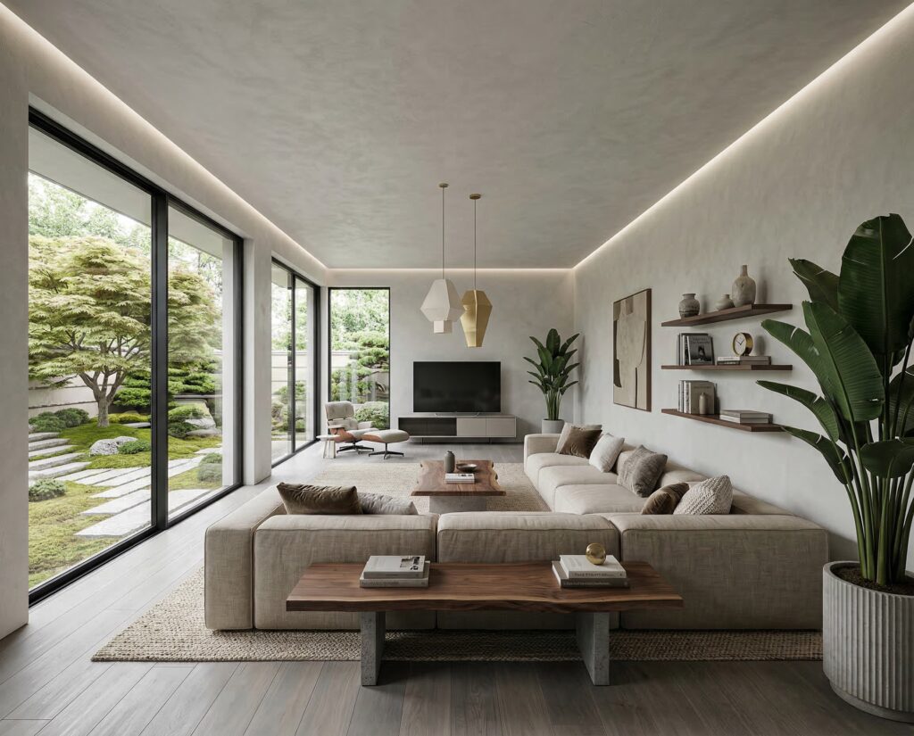 Ein modernes Wohnzimmer mit eleganter Wandgestaltung, großen Fenstern und einem gemütlichen Sofa lädt zum Entspannen ein. COLORIAMO Marmorputz 0,7 CMR1