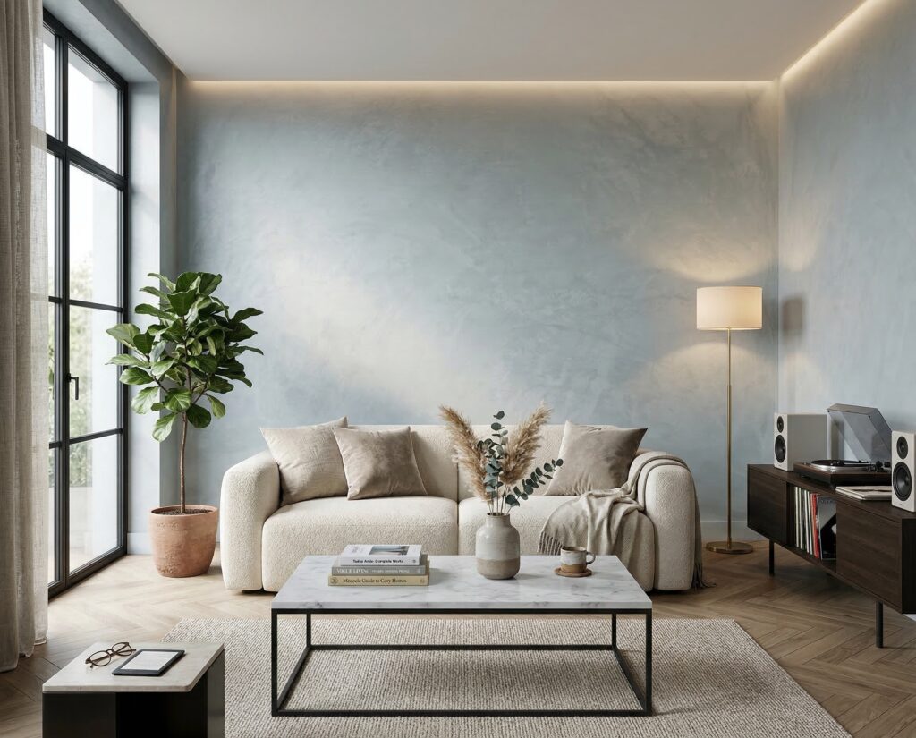 Modernes Wohnzimmer mit elegantem Streichputz, bequemer Couch und stilvollem Mobiliar für kreative Wandgestaltung.