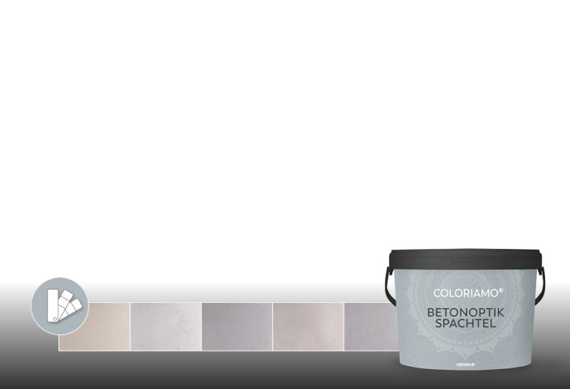 Eine Auswahl an Betonoptik-Farbtönen und einem Eimer Spachtel für fugenlose Wandgestaltung und Badezimmerdesign.