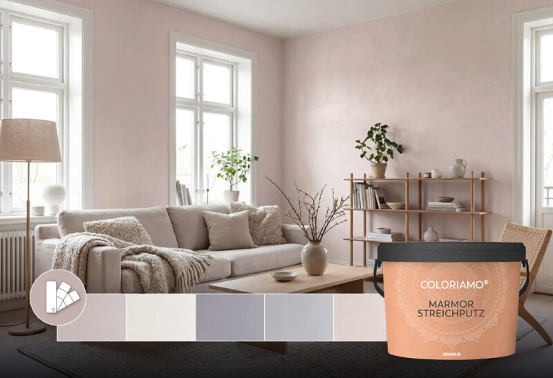 Ein stilvolles Wohnzimmer mit Kalk Streichputz-Wänden, einer gemütlichen Couch und modernen Akzenten mit Streichputz | © Coloriamo
