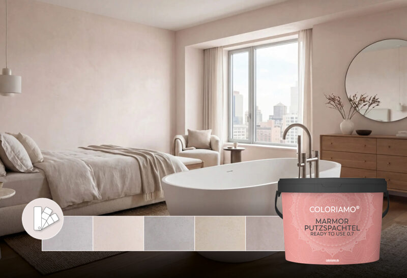 Ein modernes Badezimmer mit freistehender Badewanne, eleganter Wandgestaltung mit Kalkputz und stilvollem Designboden aus Microzement.