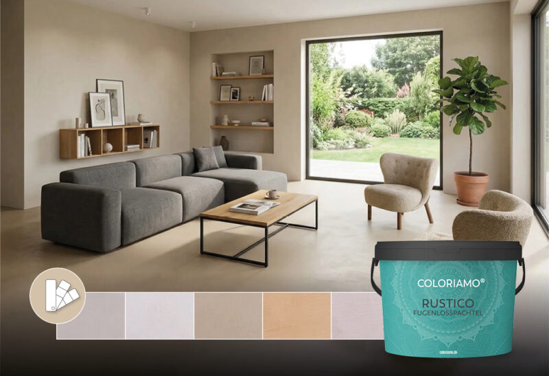Moderne Wohnzimmergestaltung mit fugenlosem Spachtelboden und Sichtbetonoptik, umgeben von natürlichem Licht | © Coloriamo.