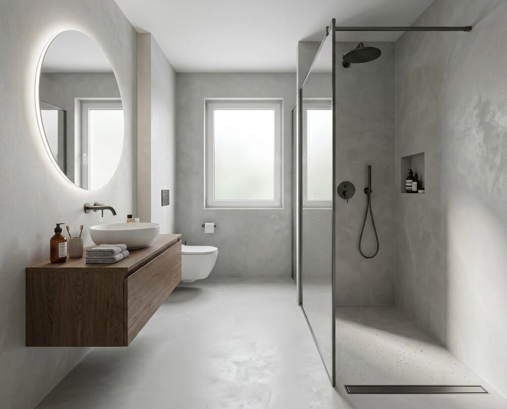 Modernes Badezimmer mit Bad-COLORIAMO-Fugenlosspachtel-Rustico-CR3 für stilvolle Wandgestaltung und elegante Akzente.