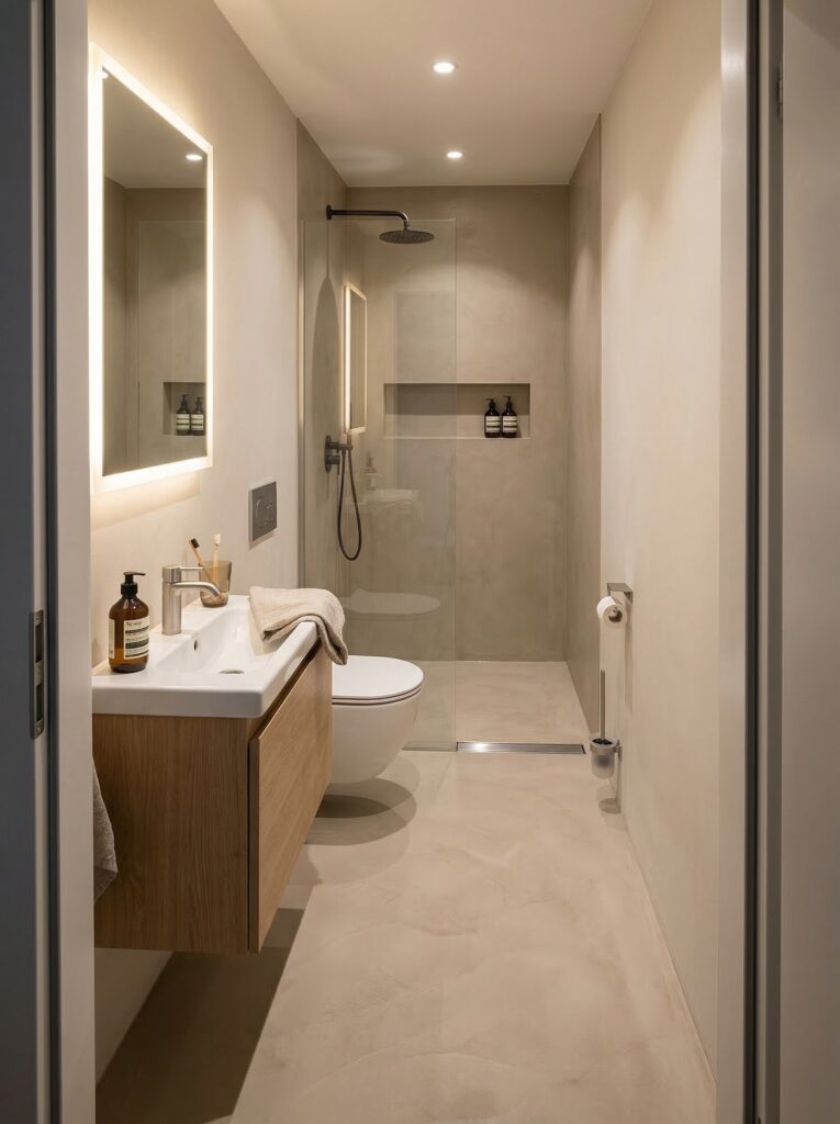 Ein modernes Badezimmer mit fugenloser Dusche, Sichtbetonoptik und eleganter Holzwaschtischgestaltung in sanften Farben.