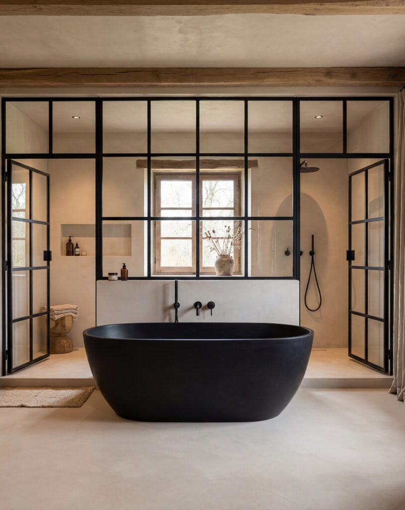 Elegantes Badezimmer in Betonoptik mit einer fugenlosen Dusche, freistehender Badewanne und stilvollen Fensterfronten.