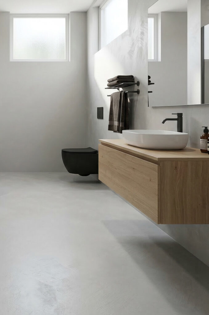 Ein modernes Badezimmer mit fugenlosem Spachtelboden in Betonoptik, Holzwaschtisch und großen Fenstern für Tageslicht.