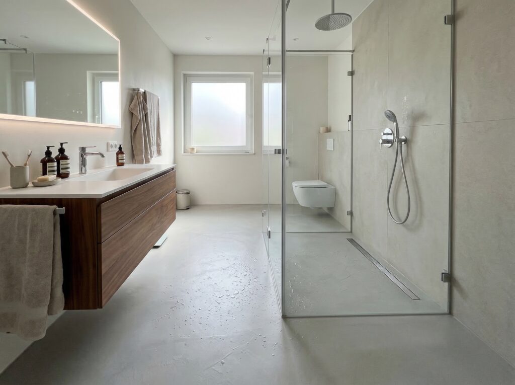 Ein modernes Badezimmer mit eleganter Fugenlosspachtel-Wandgestaltung in Rustico-Optik von COLORIAMO und stilvollem Mobiliar.