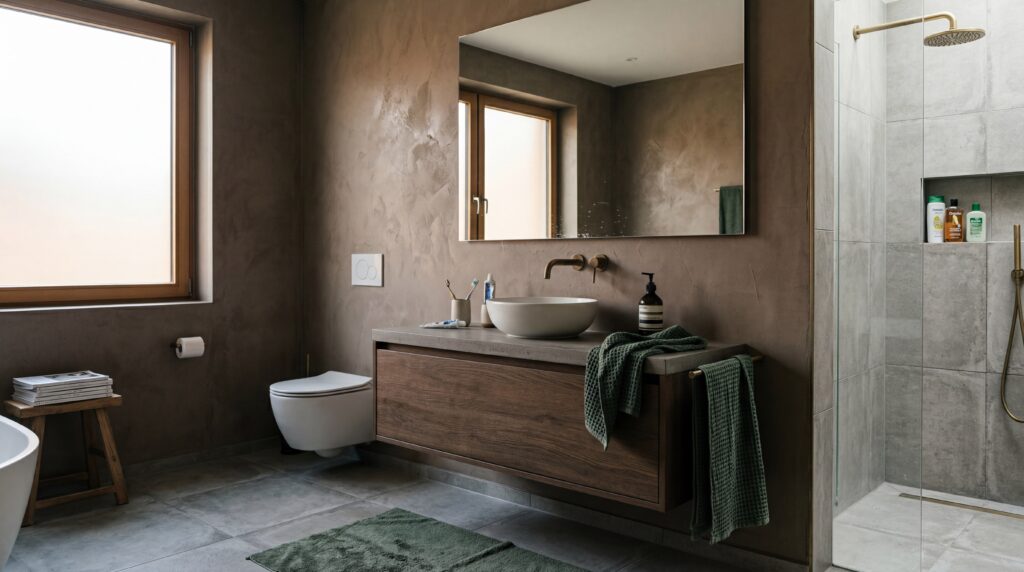 Modernes Badezimmer mit COLORIAMO Marmor Glanzspachtel-CG6 und eleganter Wandgestaltung in warmen Erdtönen.