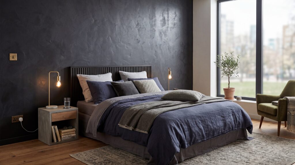 Ein modernes Schlafzimmer mit eleganter Wandgestaltung durch COLORIAMO Marmor Glanzspachtel CG10-317 und stilvollen Möbeln.