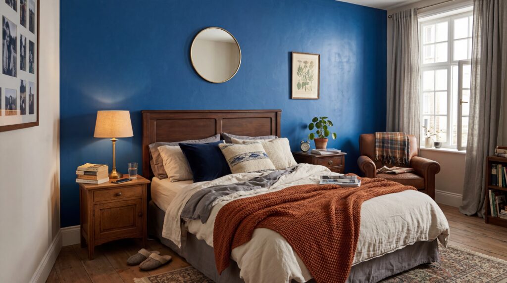 Ein gemütliches Schlafzimmer mit blauer Wandgestaltung und stilvollem Streichputz, perfekt für entspannende Abende.