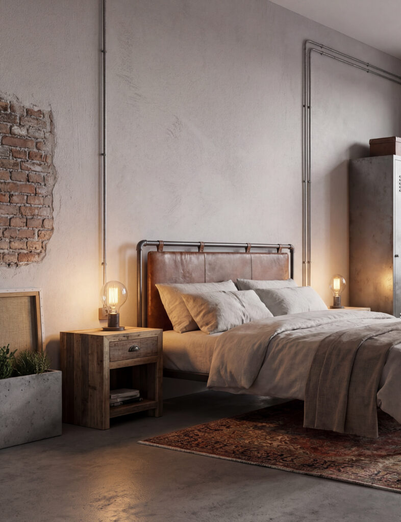 Ein stilvolles Schlafzimmer im Industrial-Stil mit Sichtbeton, Holz und nostalgischer Beleuchtung schafft eine gemütliche Atmosphäre.