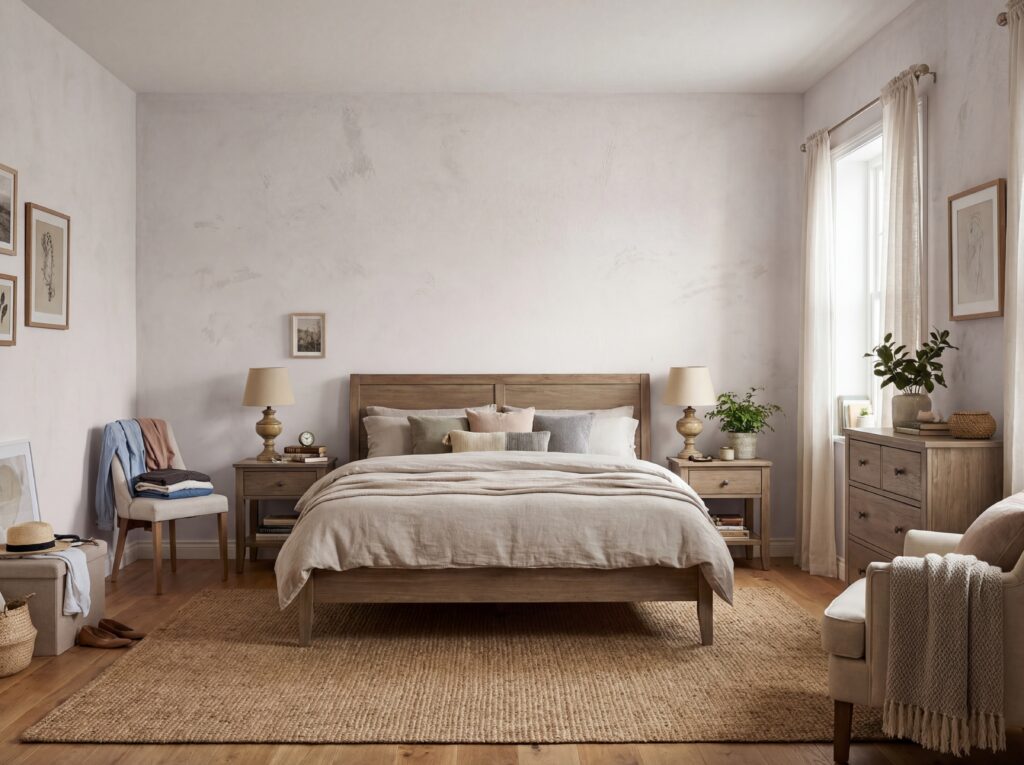 Ein einladendes Schlafzimmer mit sanften Wänden in COLORIAMO Marmor Streichputz und stilvoller Wandgestaltung.