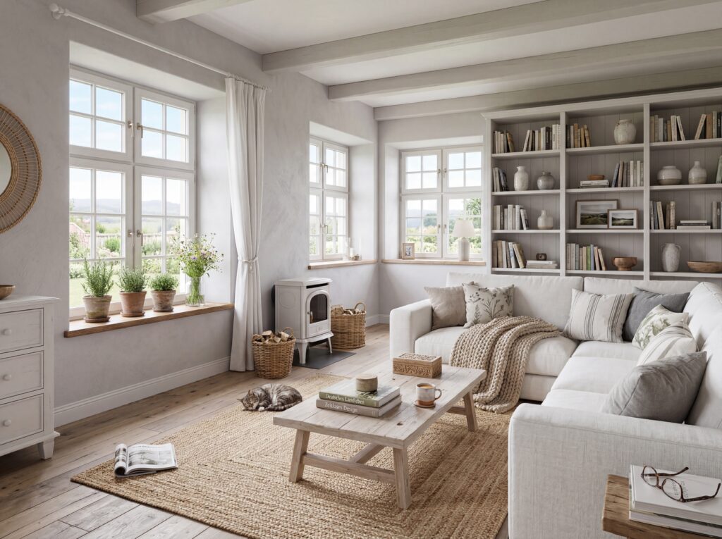 Ein helles Wohnzimmer im Landhausstil mit gemütlicher Couch, Marmor-Streichputz-Wänden und Pflanzen auf der Fensterbank.