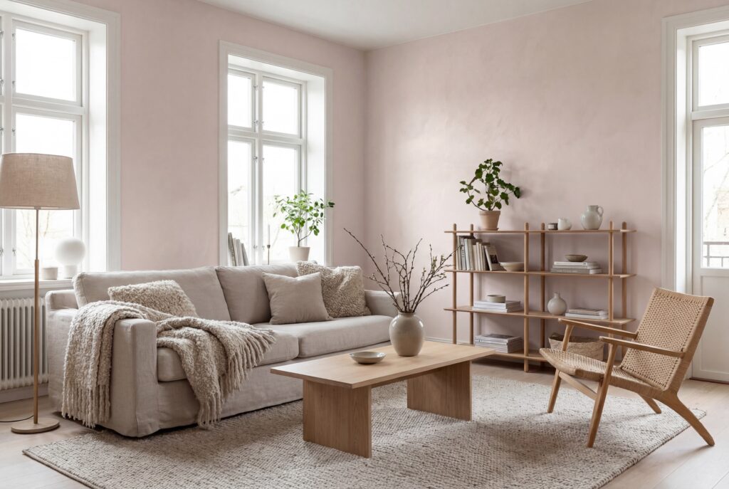 Ein skandinavisches Wohnzimmer mit sanften Farben, Marmor-Streichputz-Wänden und einer gemütlichen Einrichtung.
