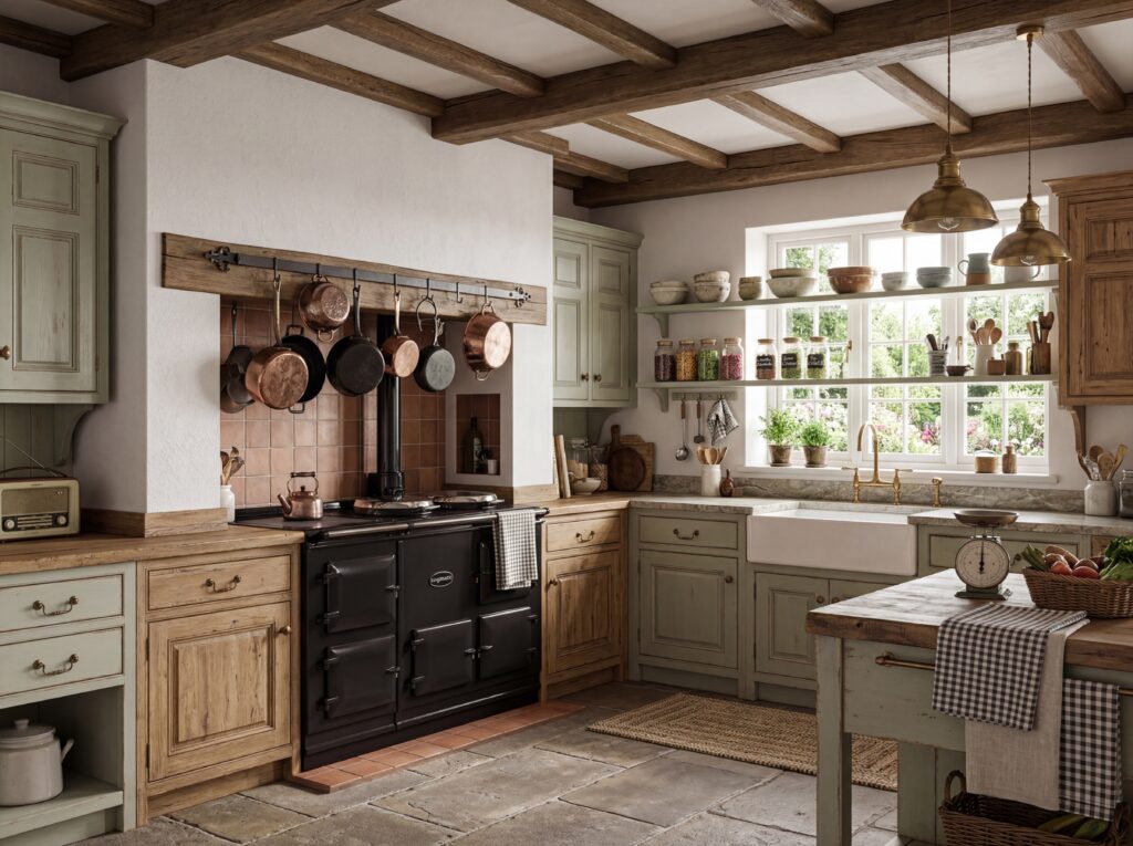 Eine stilvolle Küche im Landhausstil mit Holzregalen und Marmor-Streichputz, ideal für kreative Wandgestaltungen.