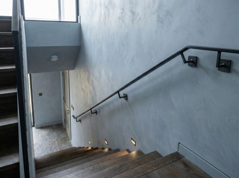 Moderne Treppe mit eleganter Wandgestaltung aus Streichputz und sanfter Beleuchtung im Wohnzimmerbereich. | © COLORIAMO